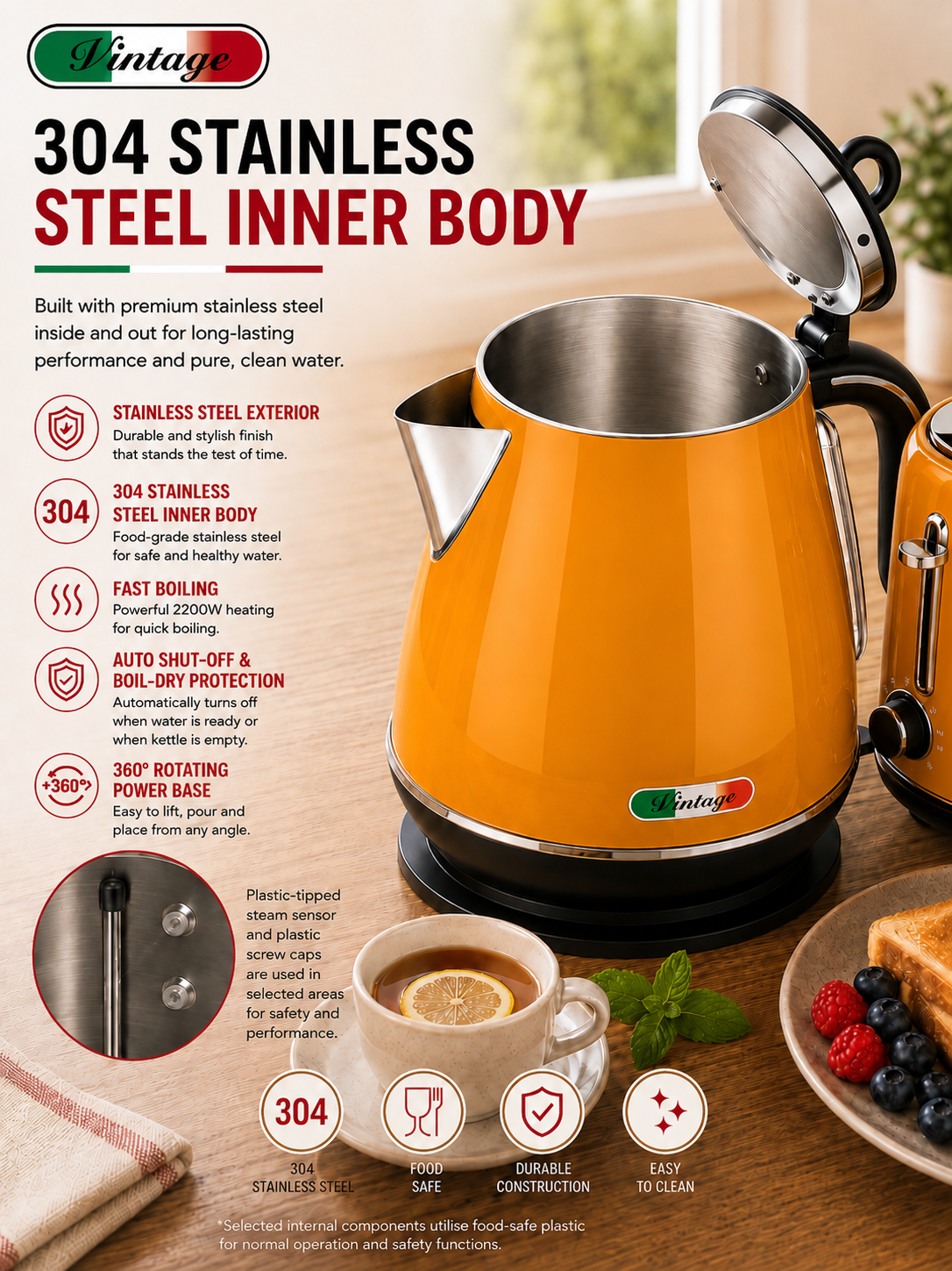 Vintage Mango Orange Electric Kettle and 4-Slice Toaster Combo Set - Stainless Steel, Glossy Finish, Auto Shut-Off & Variable Browning Control
