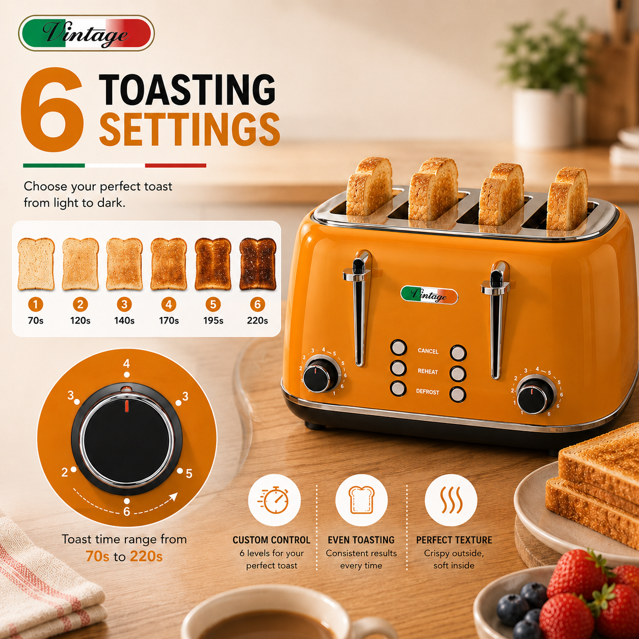 Vintage Mango Orange Electric Kettle and 4-Slice Toaster Combo Set - Stainless Steel, Glossy Finish, Auto Shut-Off & Variable Browning Control