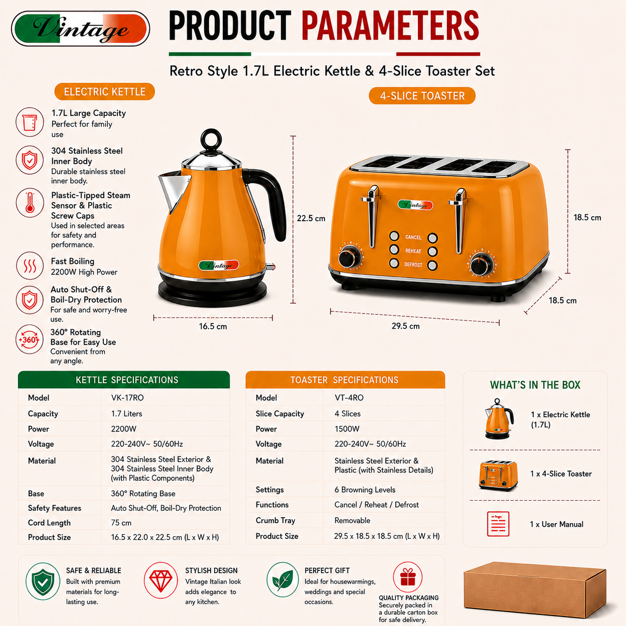 Vintage Mango Orange Electric Kettle and 4-Slice Toaster Combo Set - Stainless Steel, Glossy Finish, Auto Shut-Off & Variable Browning Control