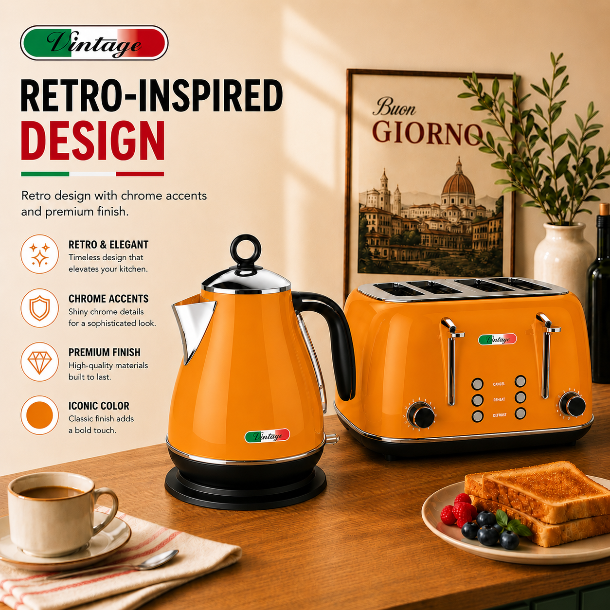 Vintage Mango Orange Electric Kettle and 4-Slice Toaster Combo Set - Stainless Steel, Glossy Finish, Auto Shut-Off & Variable Browning Control