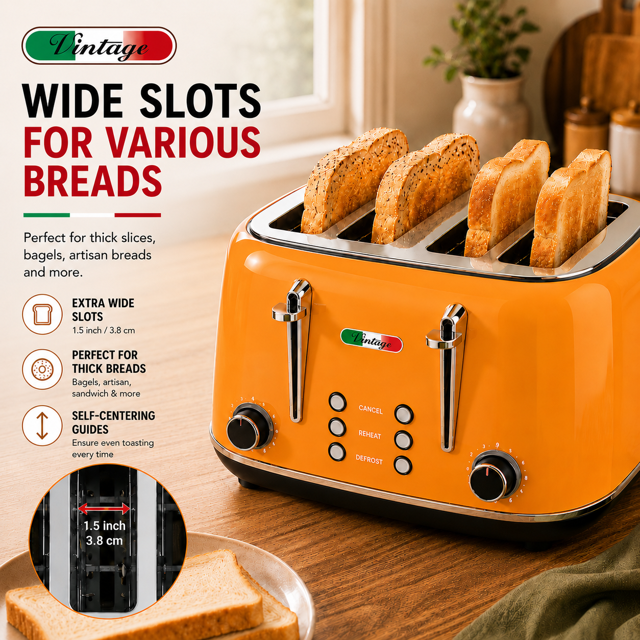 Vintage Mango Orange Electric Kettle and 4-Slice Toaster Combo Set - Stainless Steel, Glossy Finish, Auto Shut-Off & Variable Browning Control