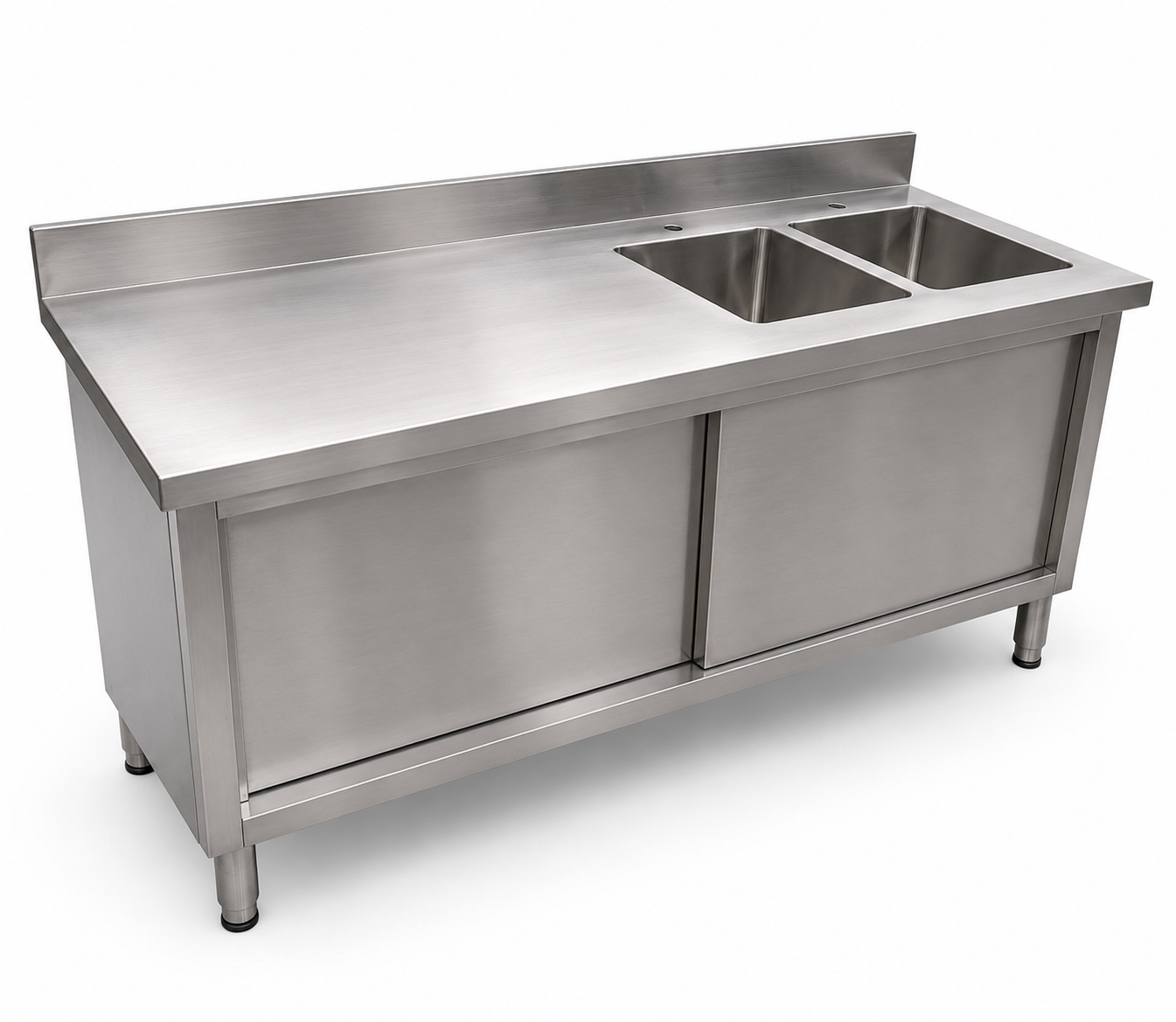 180cm Commercial Stainless Steel Double Sink Workbench Table with Sliding Doors & Storage Shelf (Right-Hand Sink)