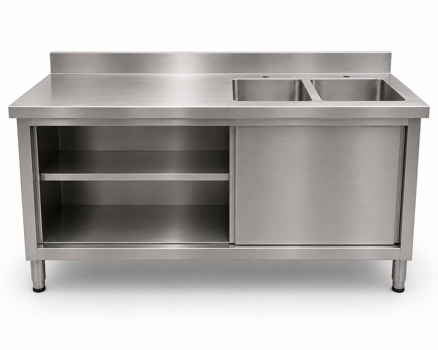 180cm Commercial Stainless Steel Double Sink Workbench Table with Sliding Doors & Storage Shelf (Right-Hand Sink)