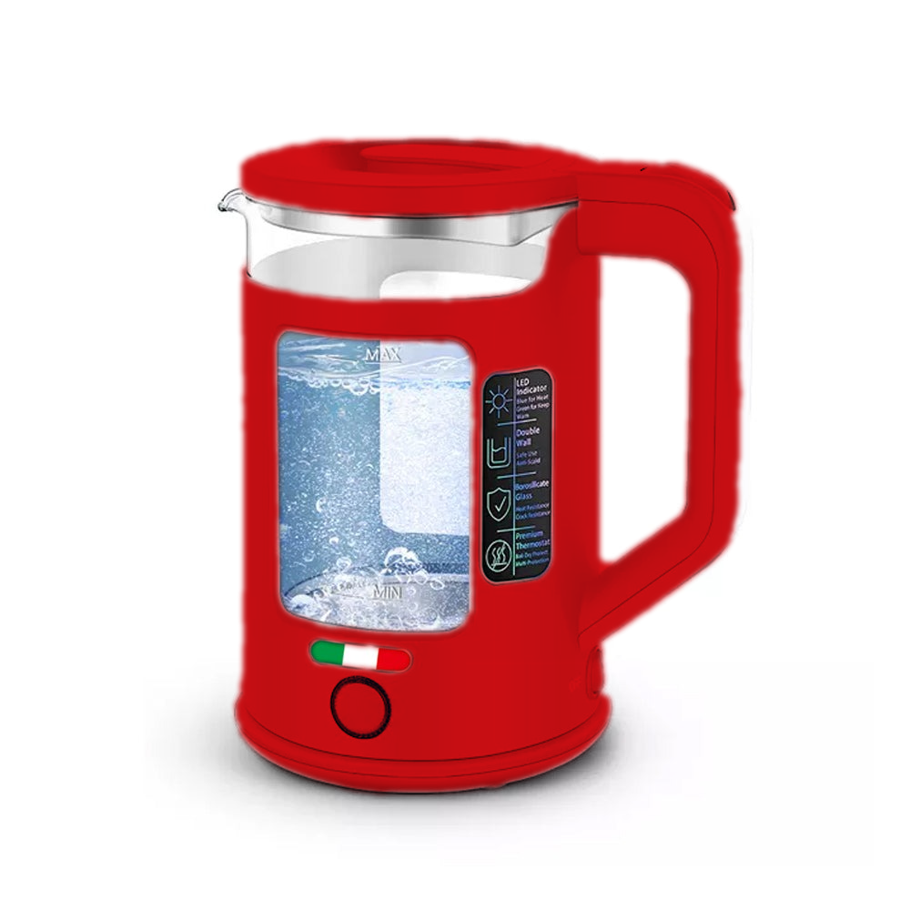 Vintage 1.7L Glass Electric Kettle with LED Light, Keep Warm & Boil-Dry Protection - Red
