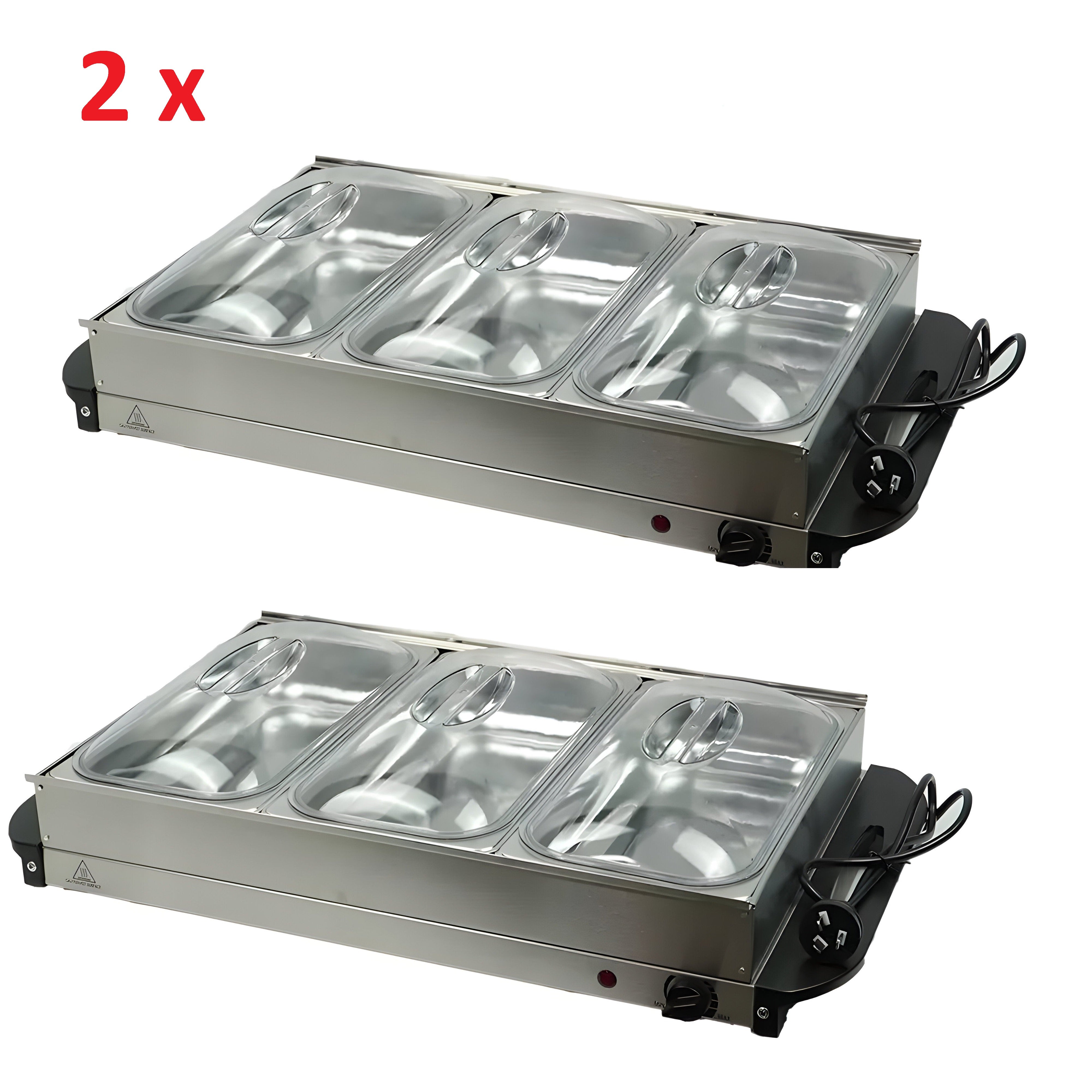2 x Food Warmer Buffet Electric Server Bain Marie Stainless Steel 1.5L x 3 Tray