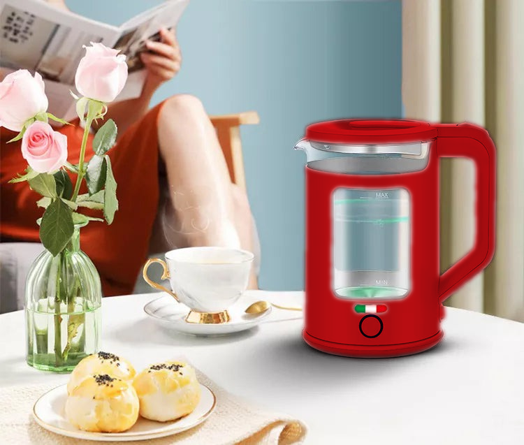 Vintage 1.7L Glass Electric Kettle with LED Light, Keep Warm & Boil-Dry Protection - Red