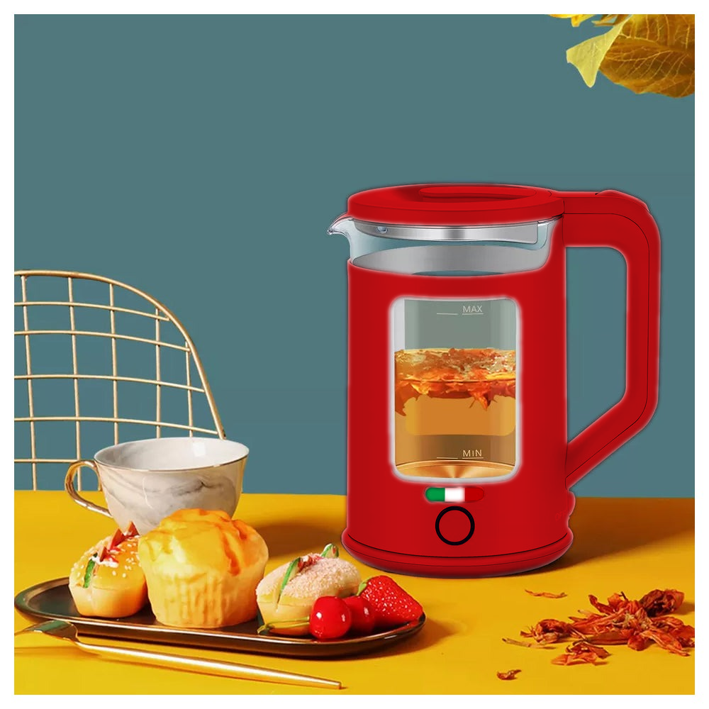 Vintage 1.7L Glass Electric Kettle with LED Light, Keep Warm & Boil-Dry Protection - Red