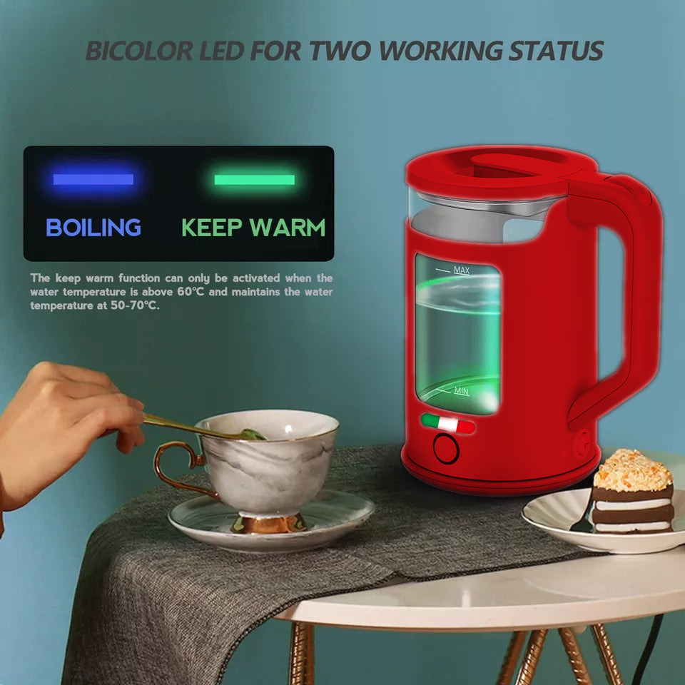 Vintage 1.7L Glass Electric Kettle with LED Light, Keep Warm & Boil-Dry Protection - Red