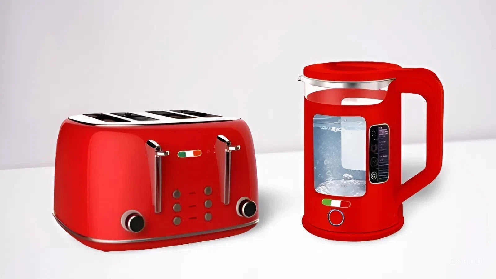 Vintage 4 Slice Toaster and 1.7L Glass Kettle Set - Red Modern Design - LED, Browning Control, Keep Warm - Chrome Trim - Stylish Kitchen Combo