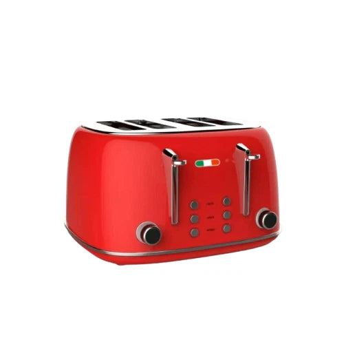 Vintage 4 Slice Toaster and 1.7L Glass Kettle Set - Red Modern Design - LED, Browning Control, Keep Warm - Chrome Trim - Stylish Kitchen Combo