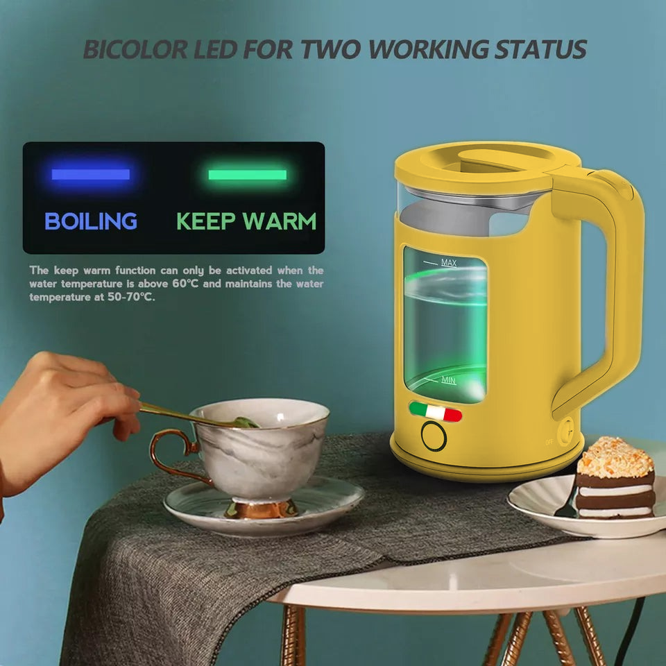 Vintage 1.7L Glass Electric Kettle with LED Light, Keep Warm & Boil-Dry Protection - Yellow