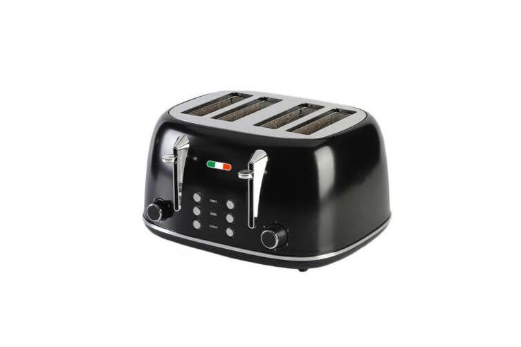 Vintage 4 Slice Toaster & 1.7L Glass Kettle Set - Black Modern Design - LED, Browning Control, Keep Warm - Chrome Trim - Stylish Kitchen Combo