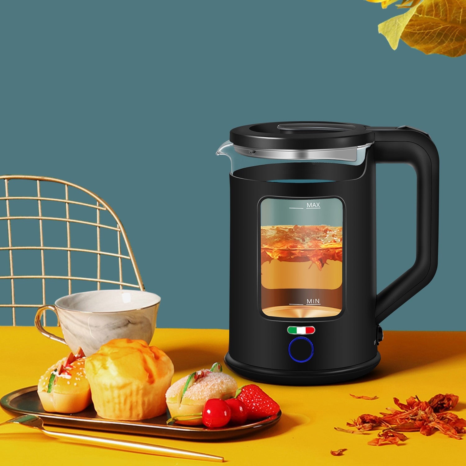 Vintage 4 Slice Toaster & 1.7L Glass Kettle Set - Black Modern Design - LED, Browning Control, Keep Warm - Chrome Trim - Stylish Kitchen Combo