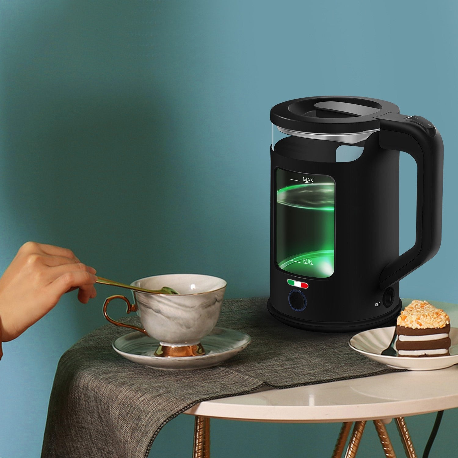 Vintage 4 Slice Toaster & 1.7L Glass Kettle Set - Black Modern Design - LED, Browning Control, Keep Warm - Chrome Trim - Stylish Kitchen Combo