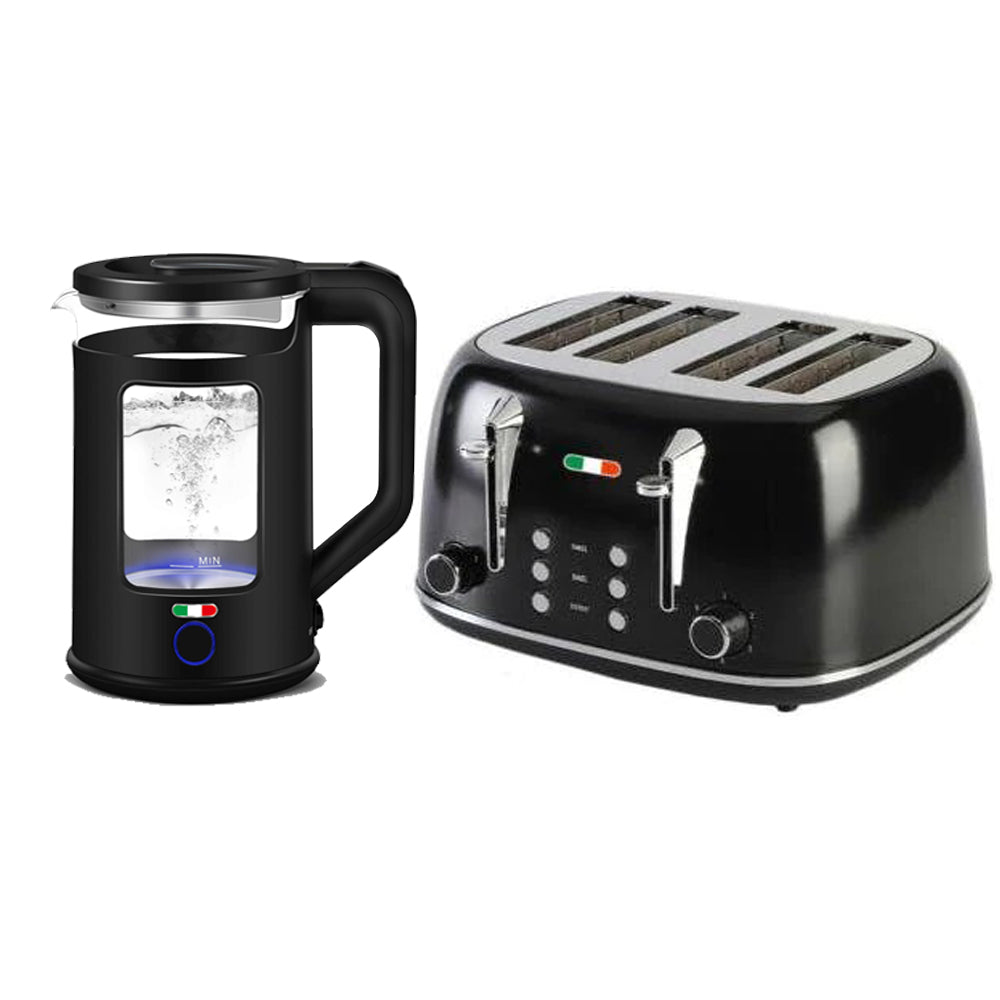 Vintage 4 Slice Toaster & 1.7L Glass Kettle Set - Black Modern Design - LED, Browning Control, Keep Warm - Chrome Trim - Stylish Kitchen Combo