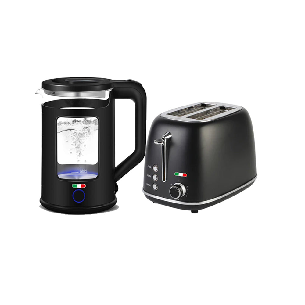 Vintage Electric 1.7L Glass Kettle and 2 Slice Toaster Combo Stainless Steel Black